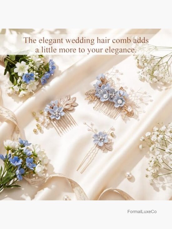 12Pcs Golden Leaf Hair Comb Set Bridal Pearl Hairpins Blue Flower Wedding Hair